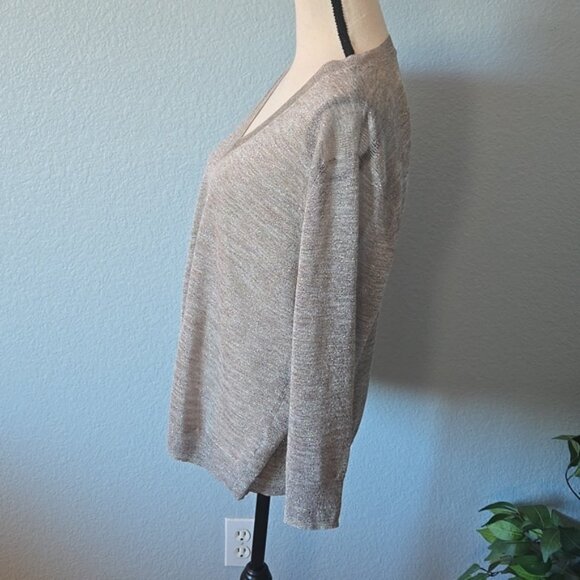 J CREW Relaxed V-neck Metallic Glitter Sweater Top Beige Taupe Gold Holiday Sz L - Picture 6 of 12
